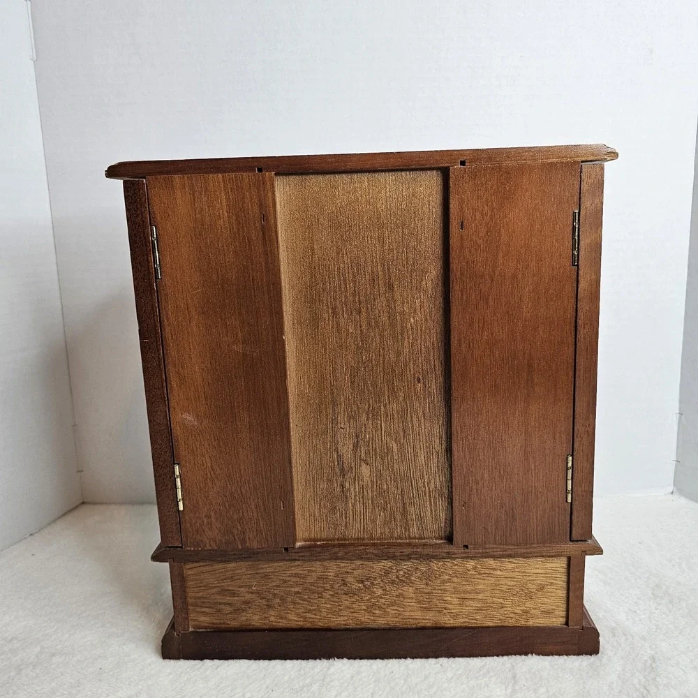 Vintage Wooden Jewelry Armoire Box Glass Side Doors 5 Drawers Brass Pulls Brown